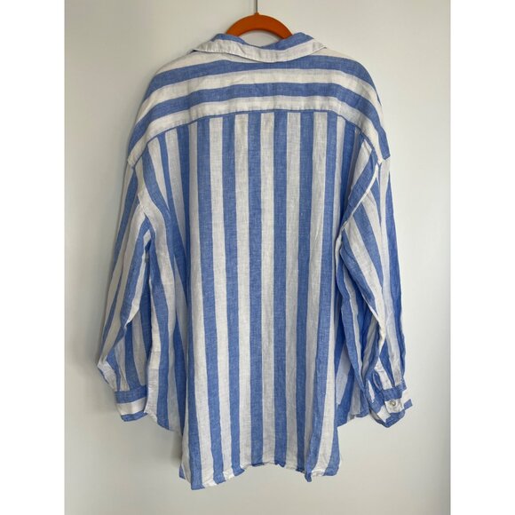 H&M Linen Long Sleeve Button Front Oversized Shirt Blue White Stripe Size Large - Picture 7 of 8